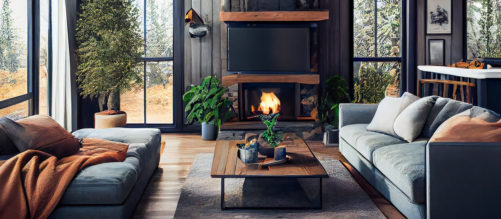 Chalet Cozy Interior  and Fireplace.  Modern Cottage Living Room Decor with Wood Wall and Furniture. Rustic Home Design.  Generative AI