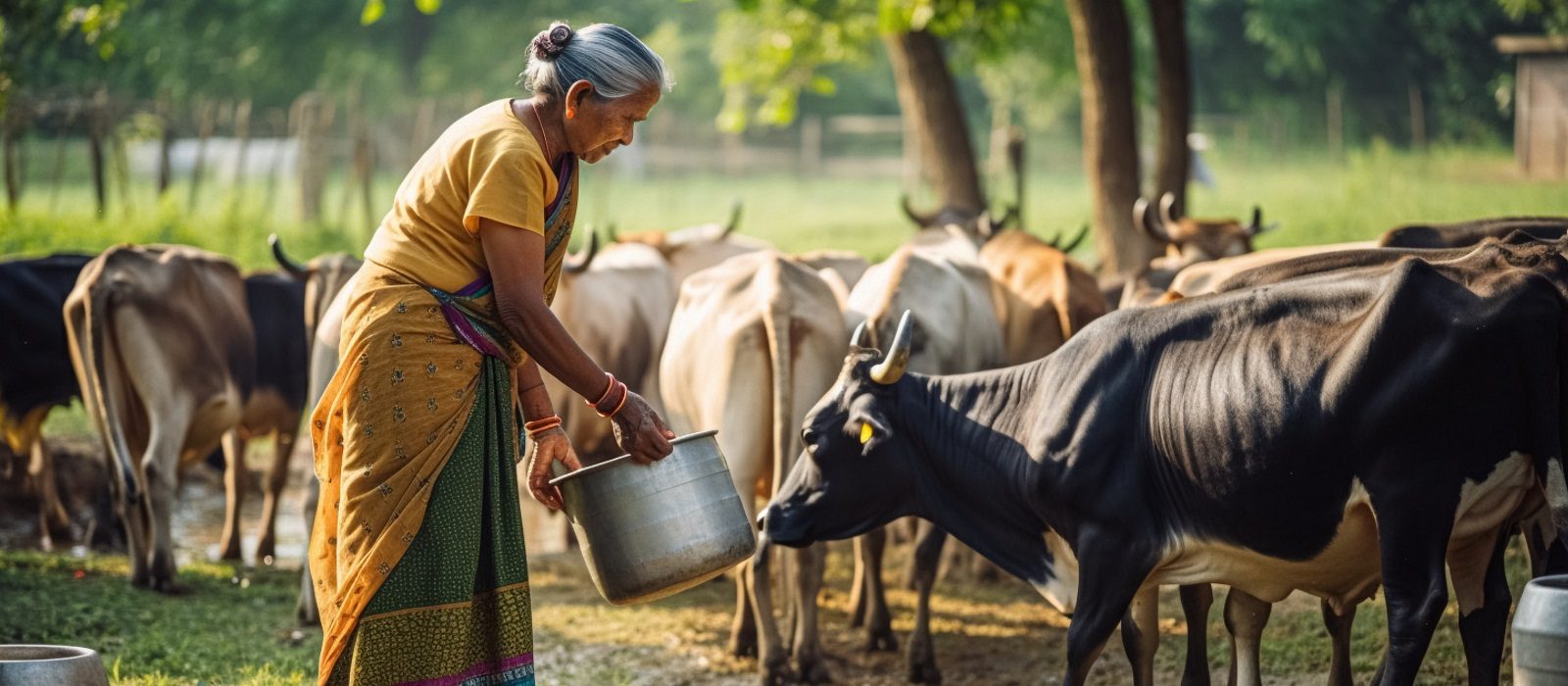 The woman feeds the cows, she works on the farm and takes care of the cows, created with Generative AI technology
