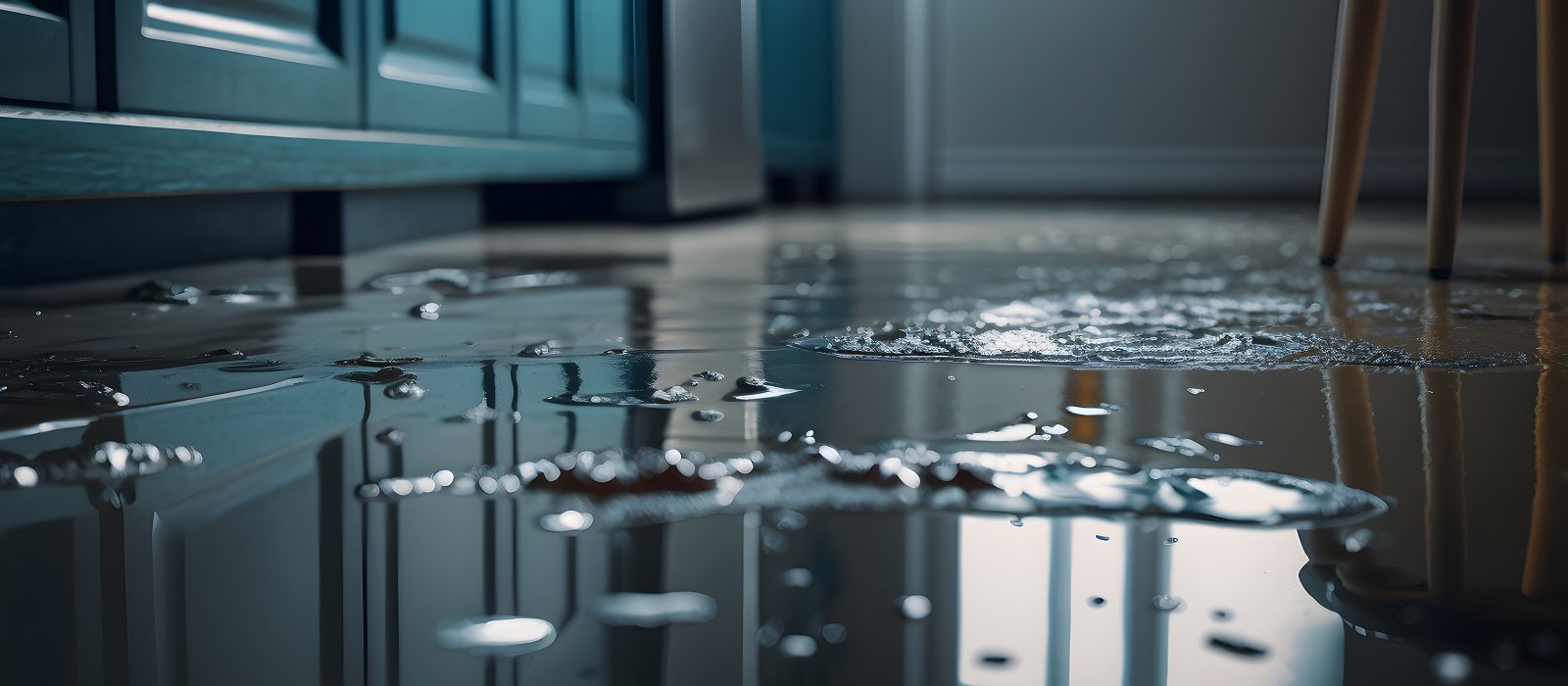 Flooded floor in kitchen from water leak. Damage , Property insurance concept. Generation AI.